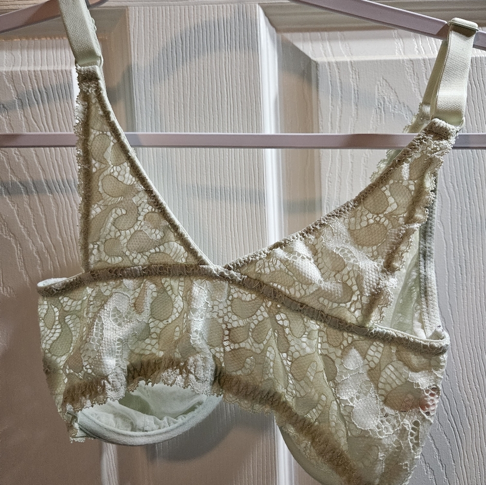Dobreva Unlined Push Up Balconette Underwire 32E Green Floral Lace Bra - Picture 4 of 6